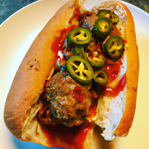 A spicy meatball sub topped with jalapenos and sriracha