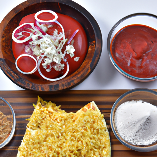 Fresh ingredients for making Mexican pizza including salsa, shredded cheese, and taco seasoning